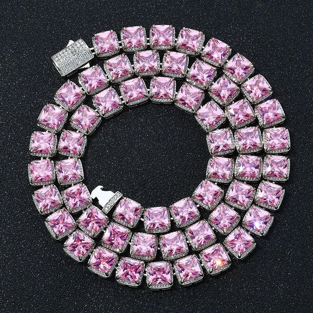 Custom 10mm Pink Baguette Sugar Link Necklace Hip Hop Bling | Caratix - CaratixJewelry